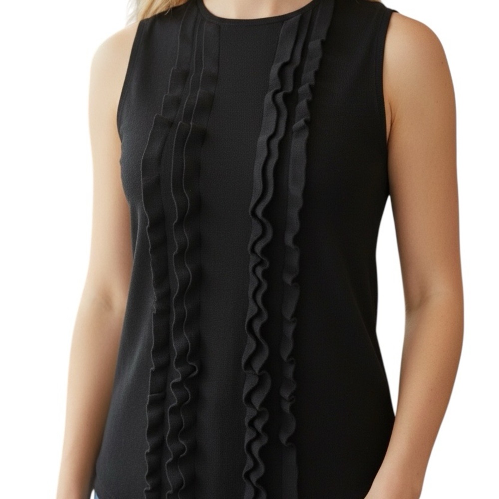 LOFT Tank Top Sleeveless Black Size Small Petite Ruffle Front Knit Fitted